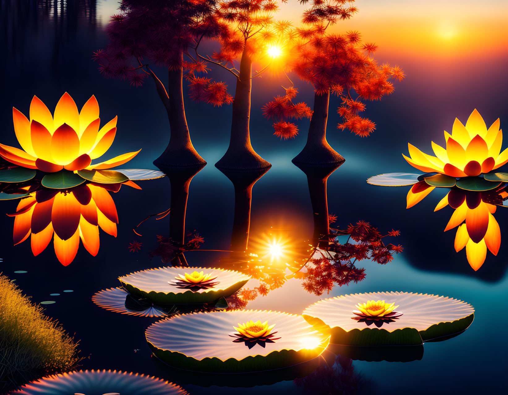 Tranquil sunset lake with vibrant lotus flowers and fiery tree