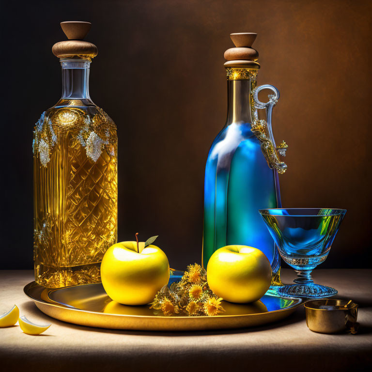 Glass Bottles, Apples, Glass, Flowers, Ribbon on Tray against Dark Backdrop