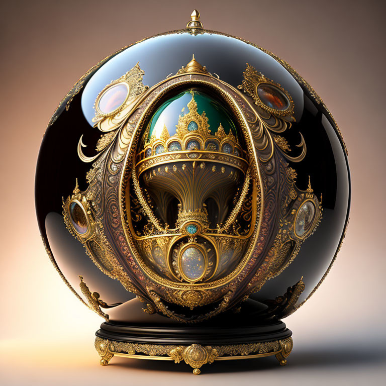 Regal golden spherical object with intricate crown-like design on warm backdrop