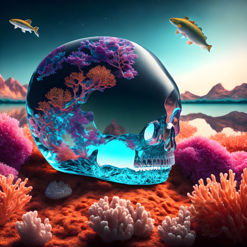 Surreal transparent skull-shaped aquarium with vibrant coral in otherworldly landscape