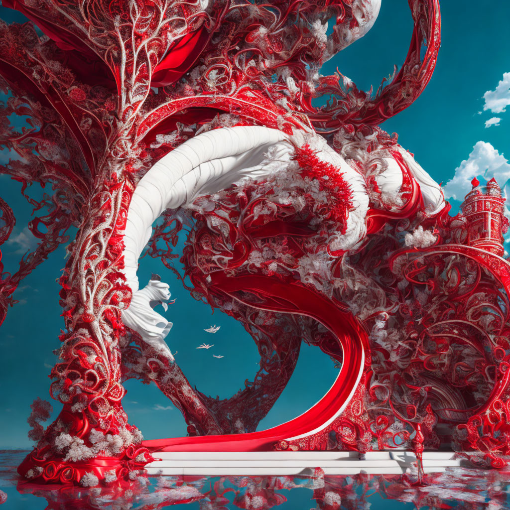 Intricate red and white fractal design with spiraling patterns and castle-like element