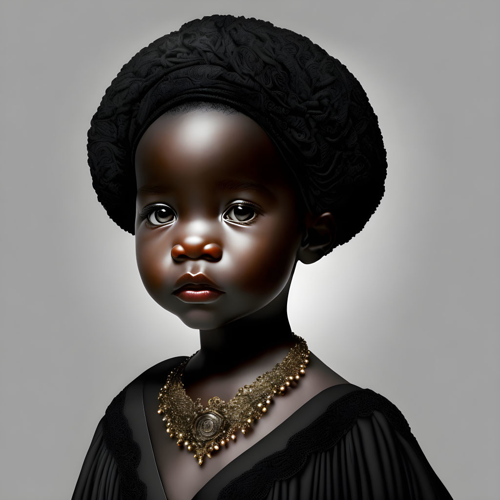 Child with dark skin in textured black hat and gold necklace