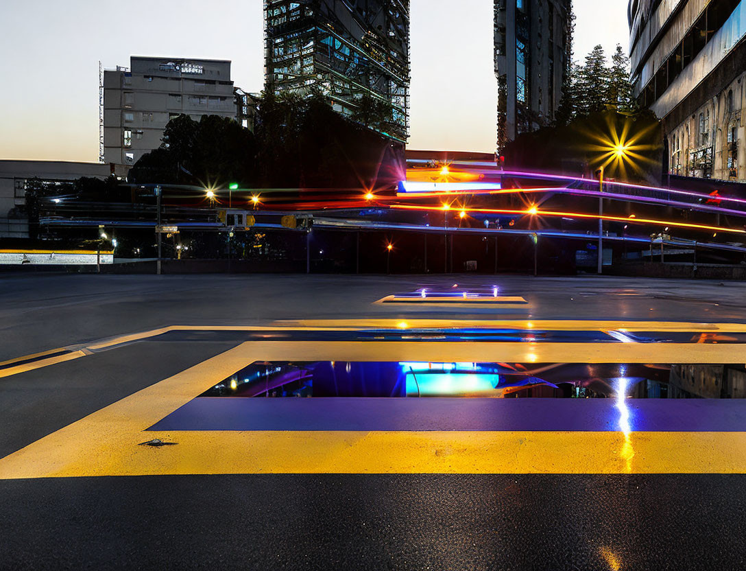 Twilight city street with vehicle light trails on wet pavement