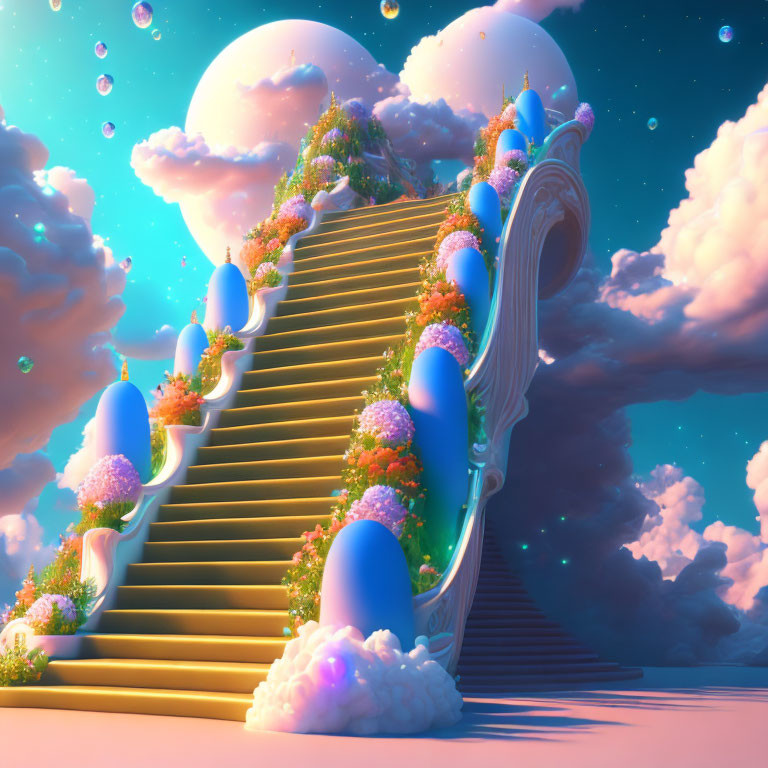 Whimsical staircase leading to floating cotton-like islands in serene blue sky