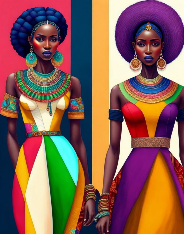 Colorful digital art: Two women with elaborate hairstyles and African-inspired attire