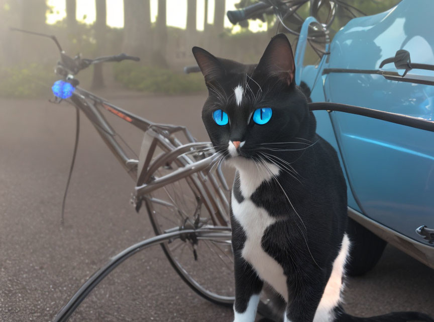 Black and White Cat with Blue Eyes by Bicycle and Blue Car