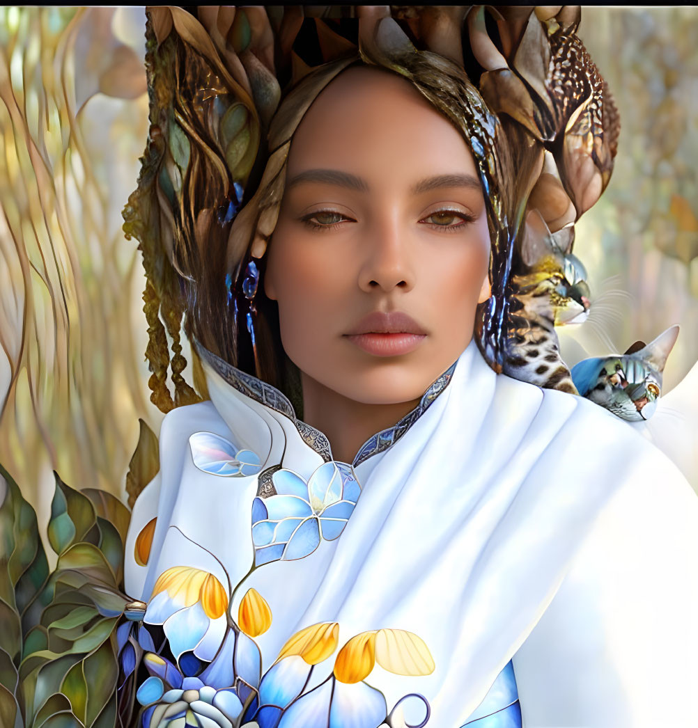 Woman with Autumn Foliage Headdress & Butterfly Cloak in Nature Scene