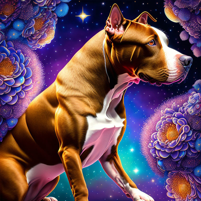 Brown and White Dog in Cosmic Nebula Background