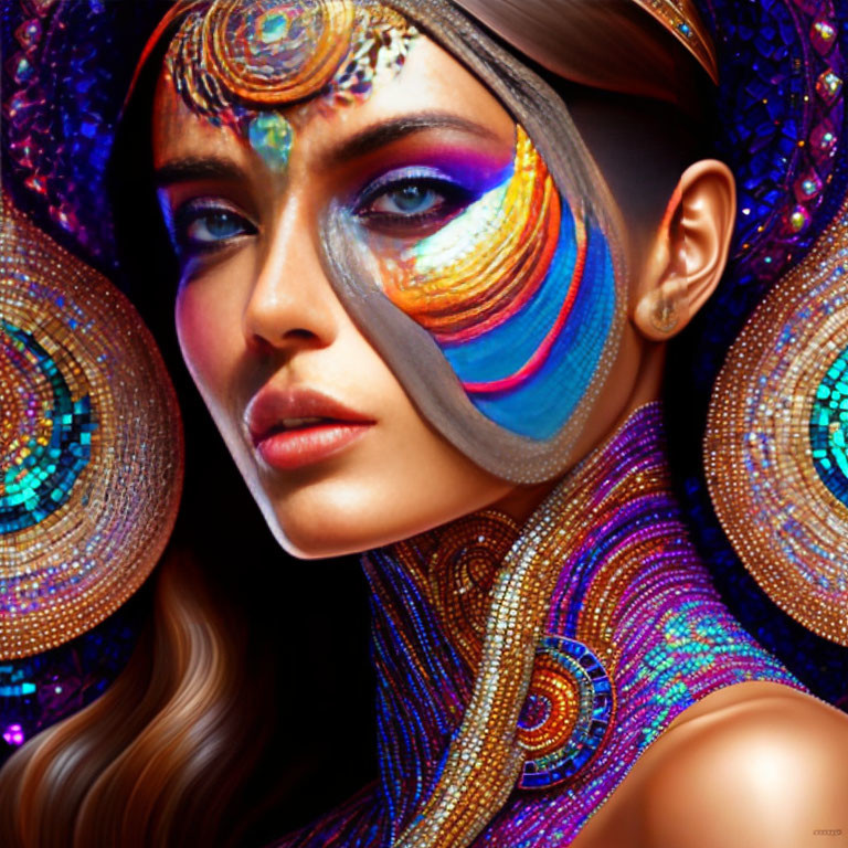 Colorful Woman with Face Paint and Sequined Headgear