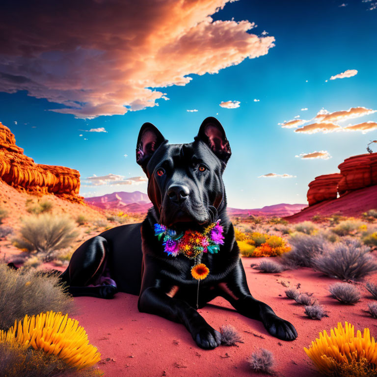 Black Dog with Floral Necklace Resting on Desert Sand Amid Vibrant Landscape