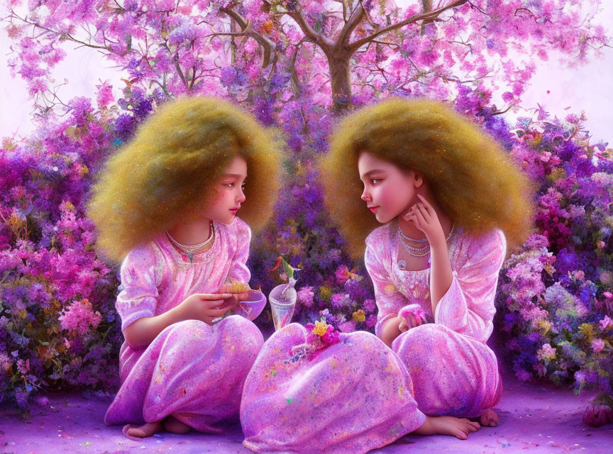 Two girls with voluminous hair in sparkling outfits among vibrant flowers