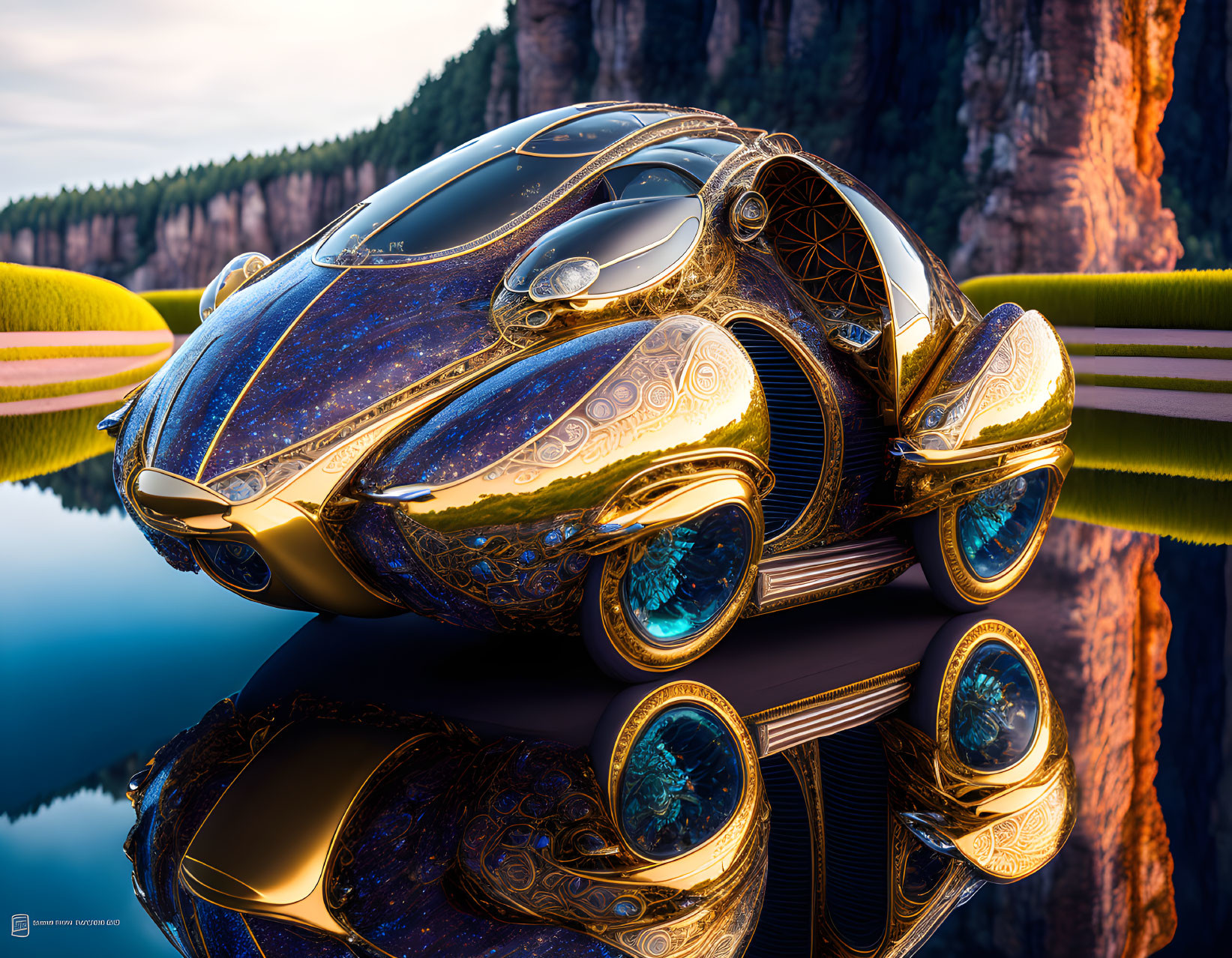 Golden futuristic car parked near reflective water with cliffs and vivid sky