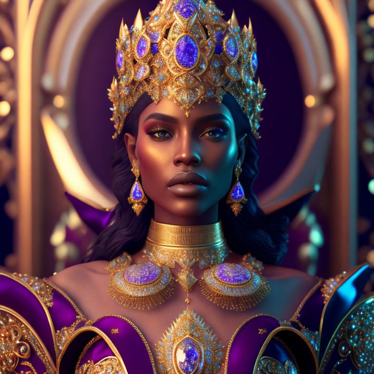 Dark-skinned woman in gold crown and sapphire jewelry exudes regal elegance.