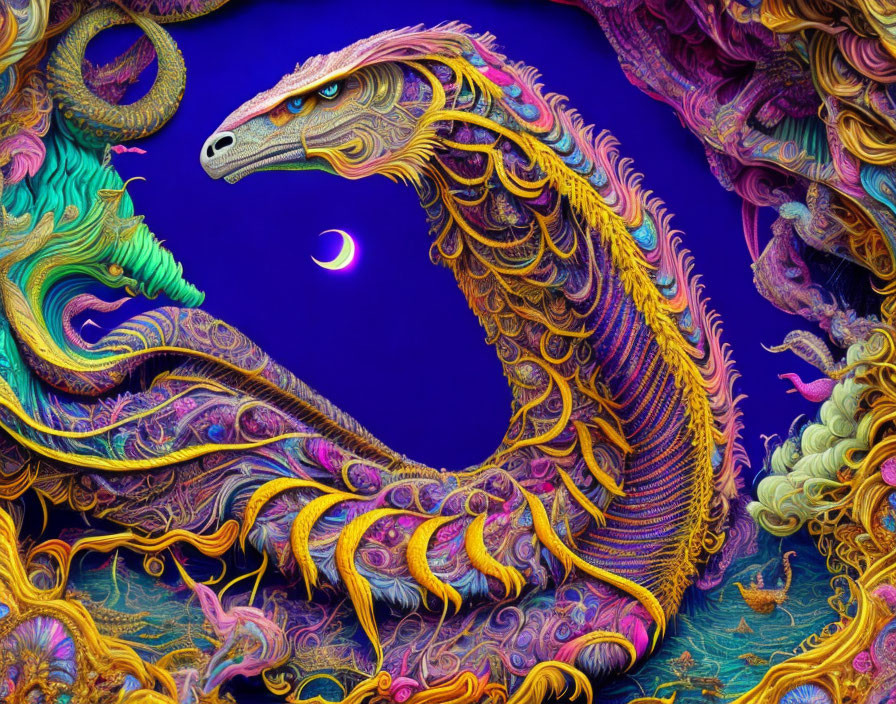 Colorful Mythical Dragon Artwork on Dark Blue Background