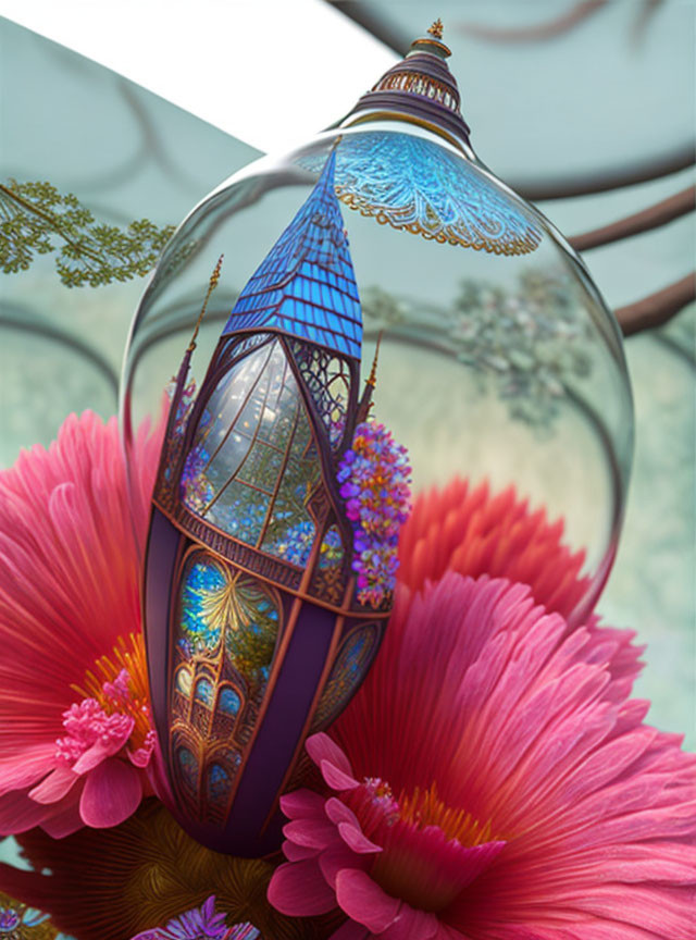 Glass perfume bottle with stained-glass details on pink flowers.