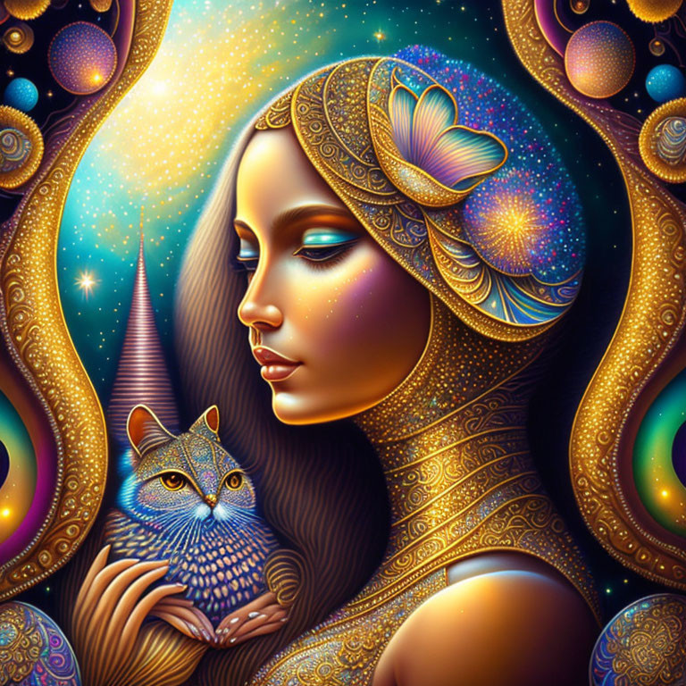 Surreal portrait of woman in golden attire with butterfly and owl in cosmic setting