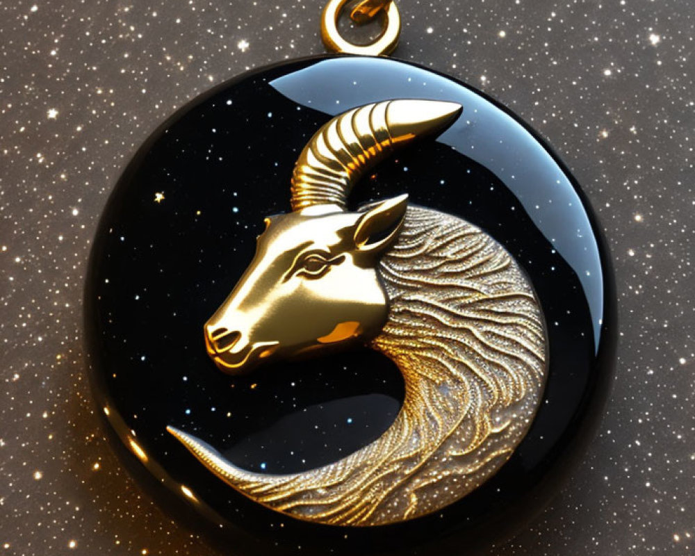 Golden Ram's Head Pendant on Black Background with Starry Sparkle Effect