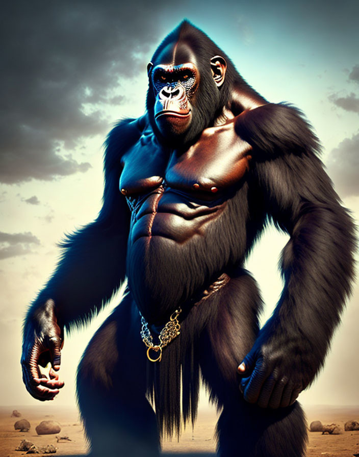 Muscular gorilla with shiny coat and gold chain against cloudy sky