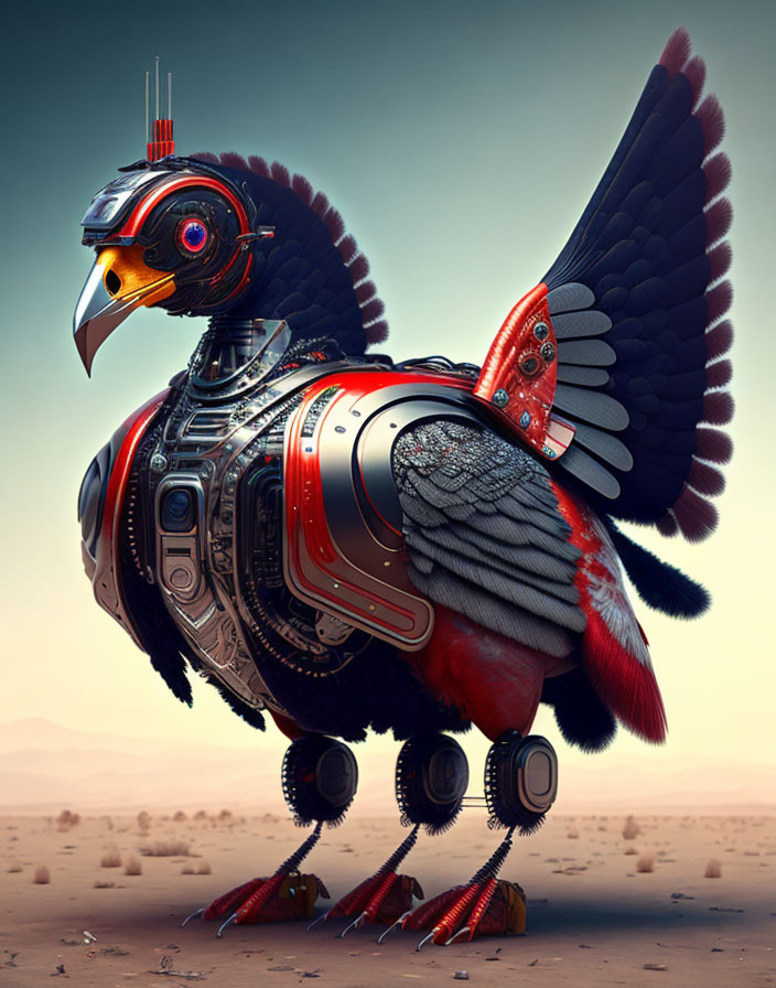 Detailed mechanical bird with vibrant feathers and robotic limbs in desert landscape