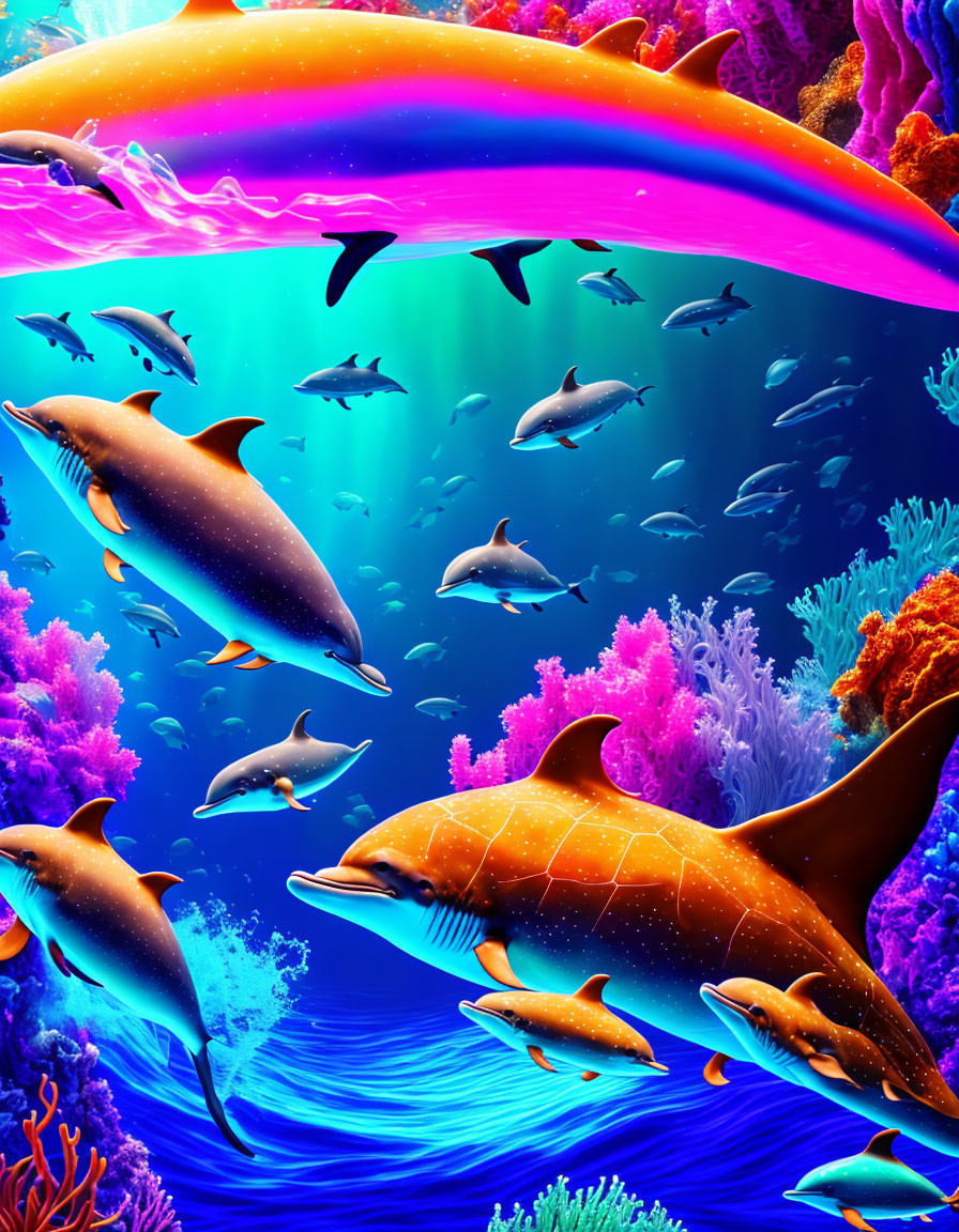 Colorful dolphins and corals in vibrant underwater rainbow scene