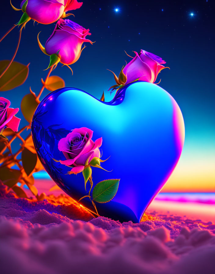 Blue Heart Object with Pink Roses on Sand Against Sunset Sky