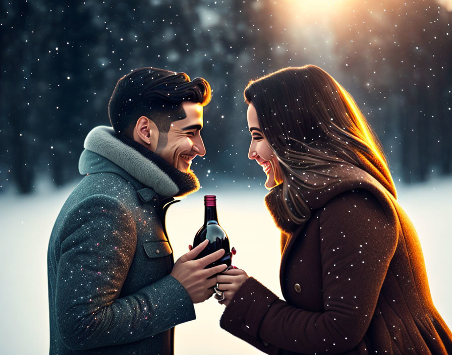 Smiling couple in winter attire enjoying wine in falling snow