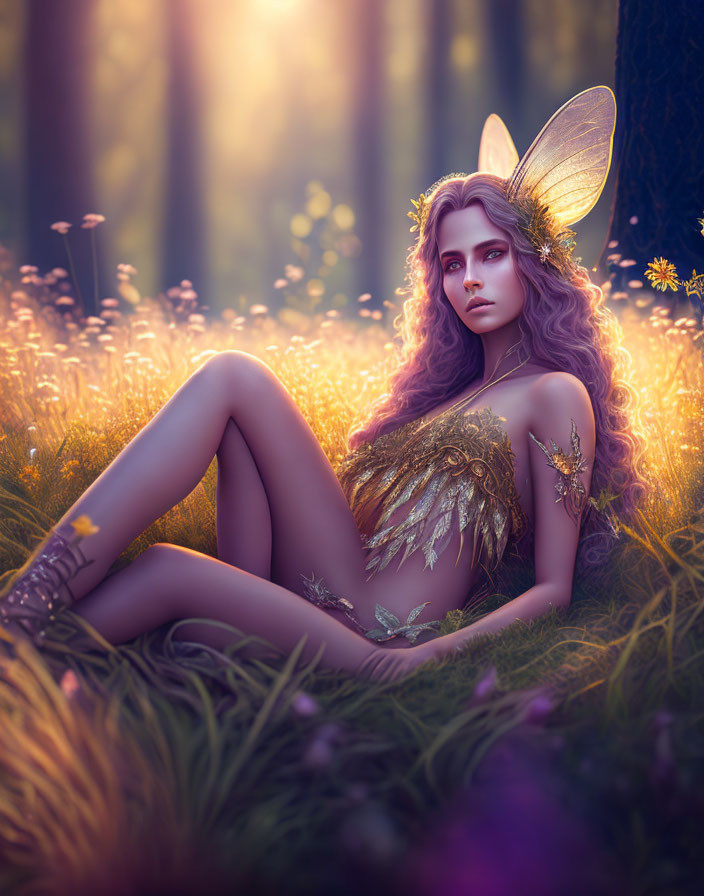 Fantasy Artwork: Fairy with Translucent Wings in Mystical Forest