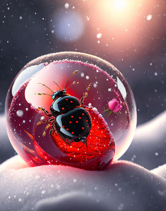 Ladybug in bubble with rose on snowy landscape in snowfall