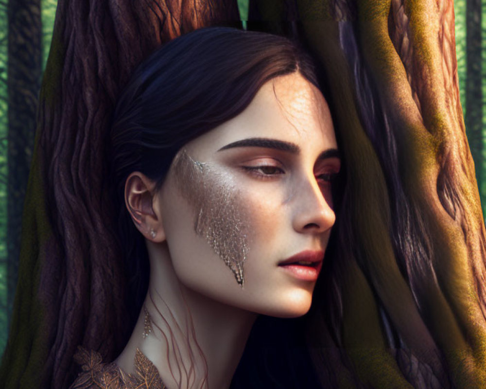 Fantasy-themed digital artwork of woman with metallic face paint and golden leafy garment