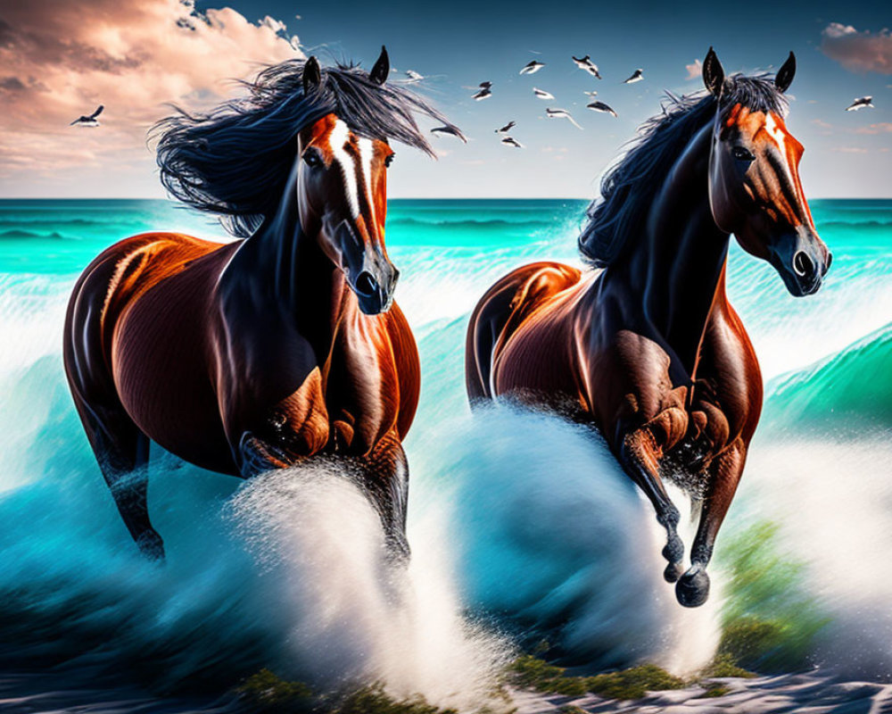 Majestic horses galloping in ocean waves with birds in vibrant sky