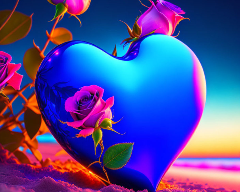 Blue Heart Object with Pink Roses on Sand Against Sunset Sky