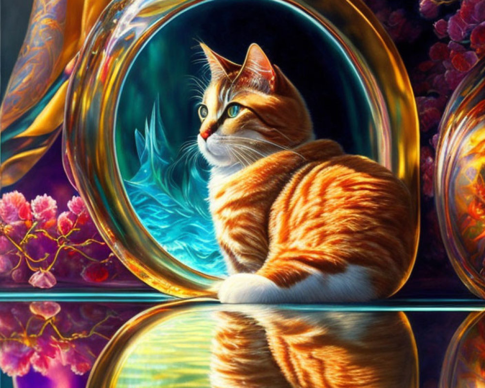 Orange Tabby Cat with Reflective Sphere and Cherry Blossoms Background