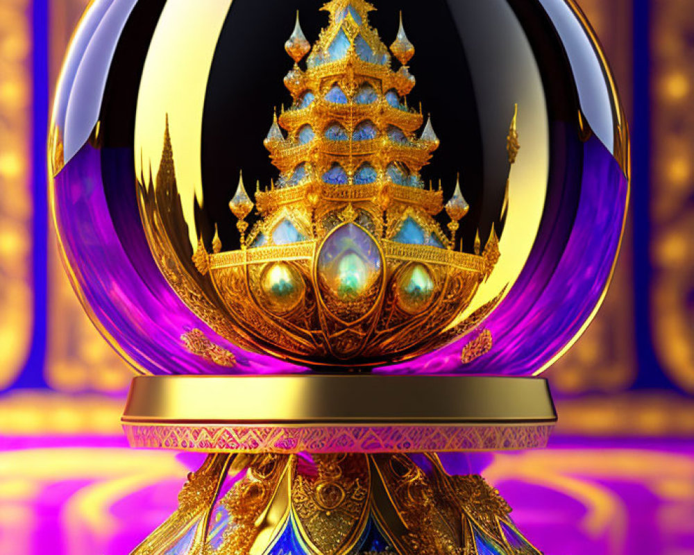 Detailed Ornamental Sphere Featuring Golden Temple on Stand - Purple Background