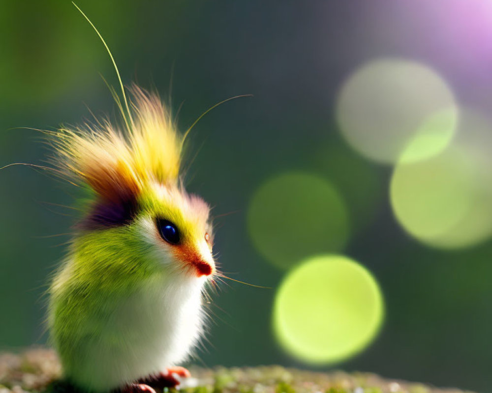 Fluffy yellow and green creature with expressive eyes on mossy surface