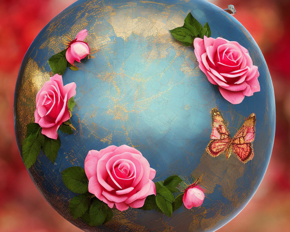 Vintage-style globe with pink roses and butterfly on red bokeh background