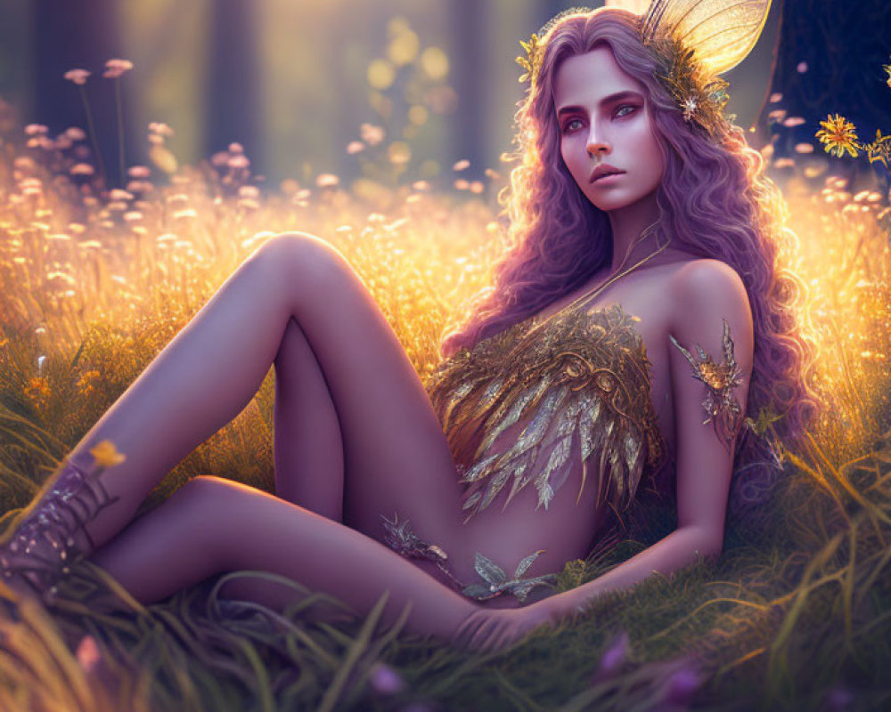 Fantasy Artwork: Fairy with Translucent Wings in Mystical Forest