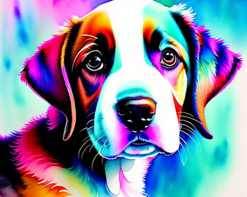 Colorful digital artwork: Exaggerated dog with expressive eyes in vibrant hues