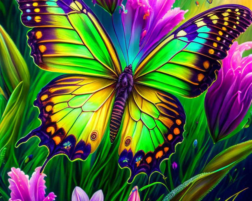 Colorful Butterfly Digital Painting with Floral Surroundings