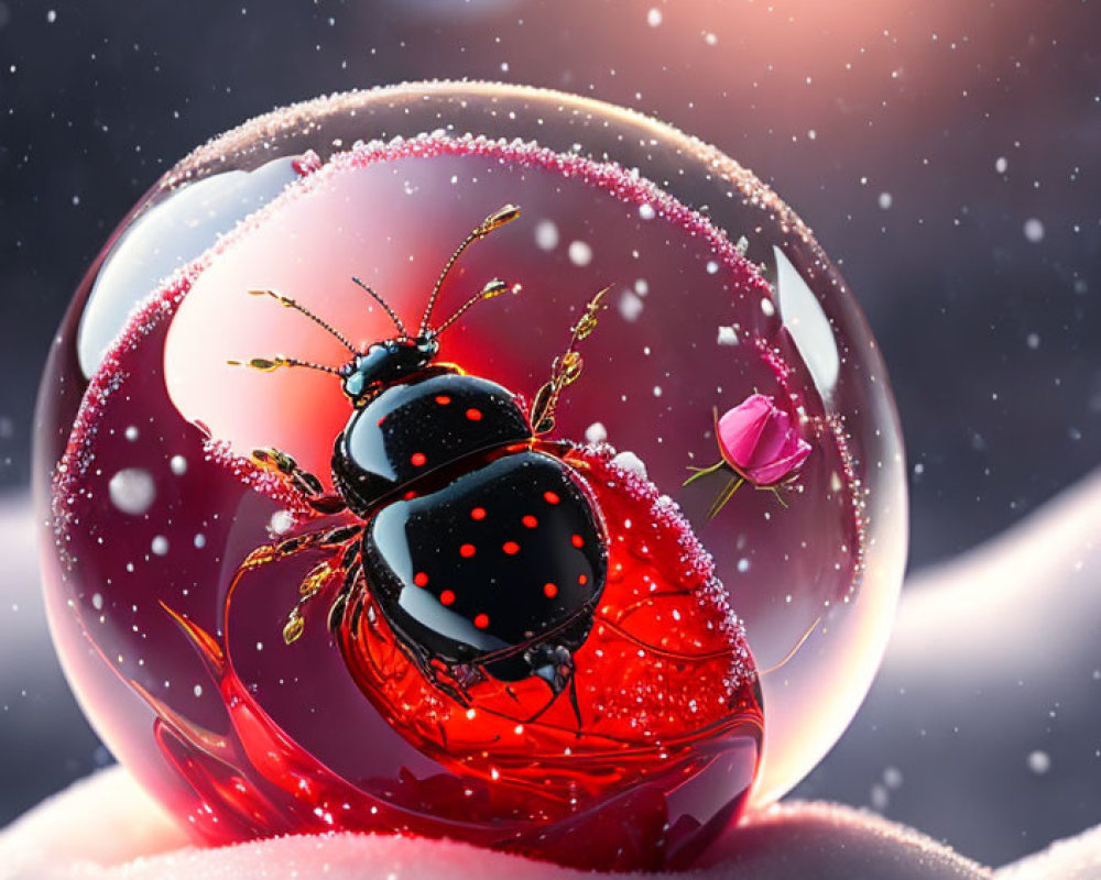 Ladybug in bubble with rose on snowy landscape in snowfall