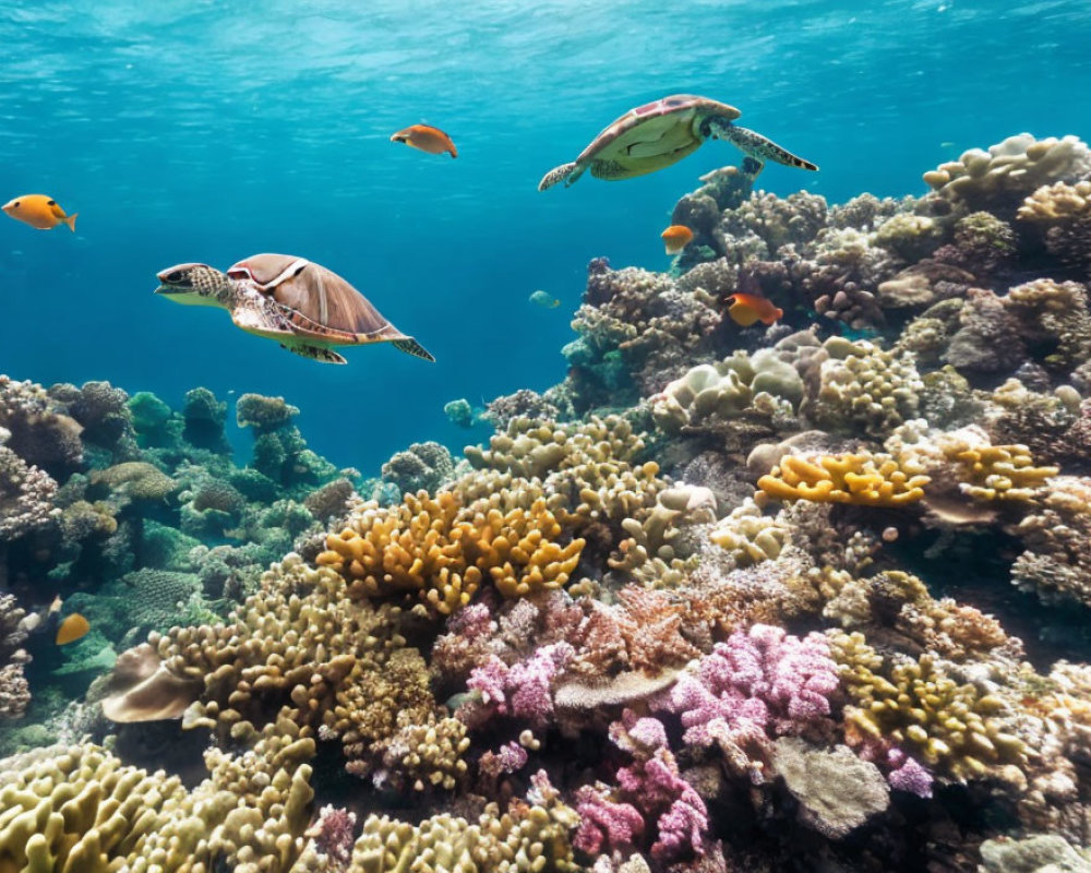 Vibrant coral reef with colorful fish and sea turtles