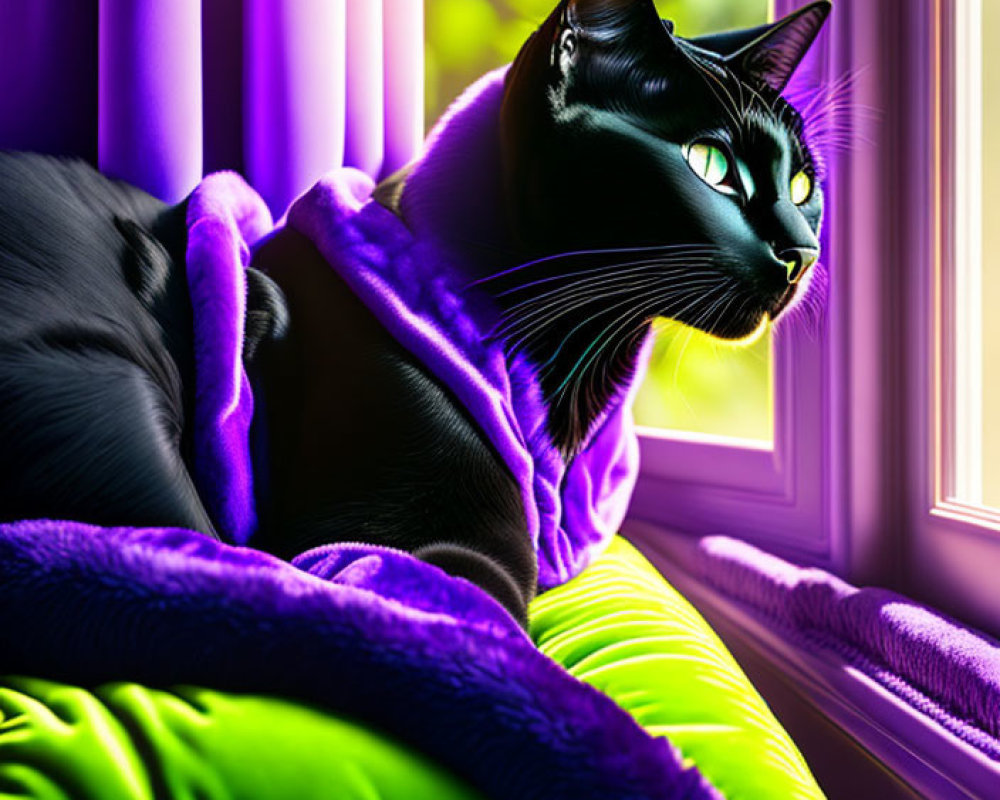 Black Cat with Green Eyes on Green Cushion by Purple Curtains