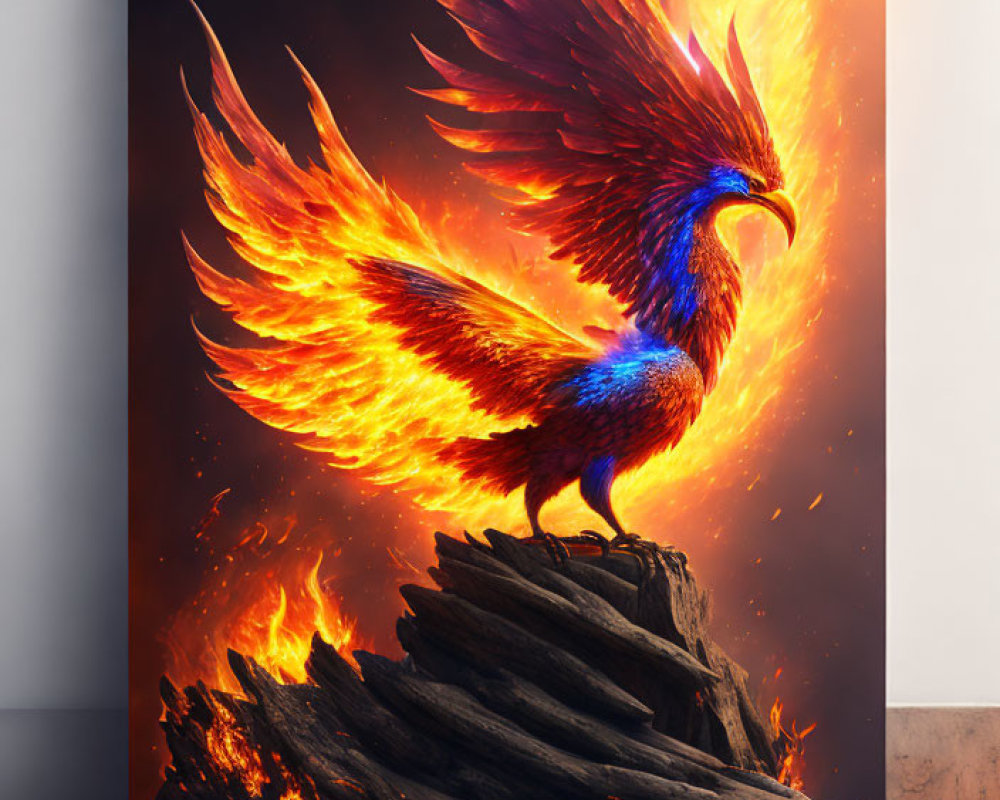 Colorful Phoenix Artwork with Fiery Wings on Wooden Debris Amid Flames