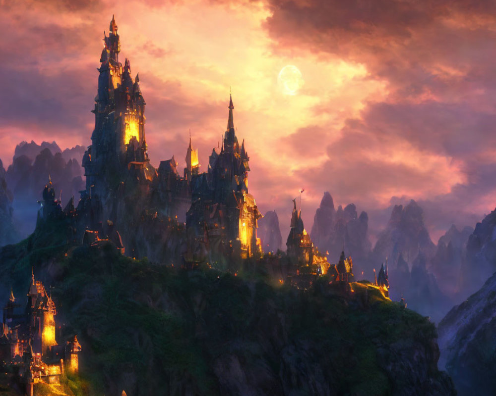 Majestic castle on craggy peaks at sunset with glowing moon