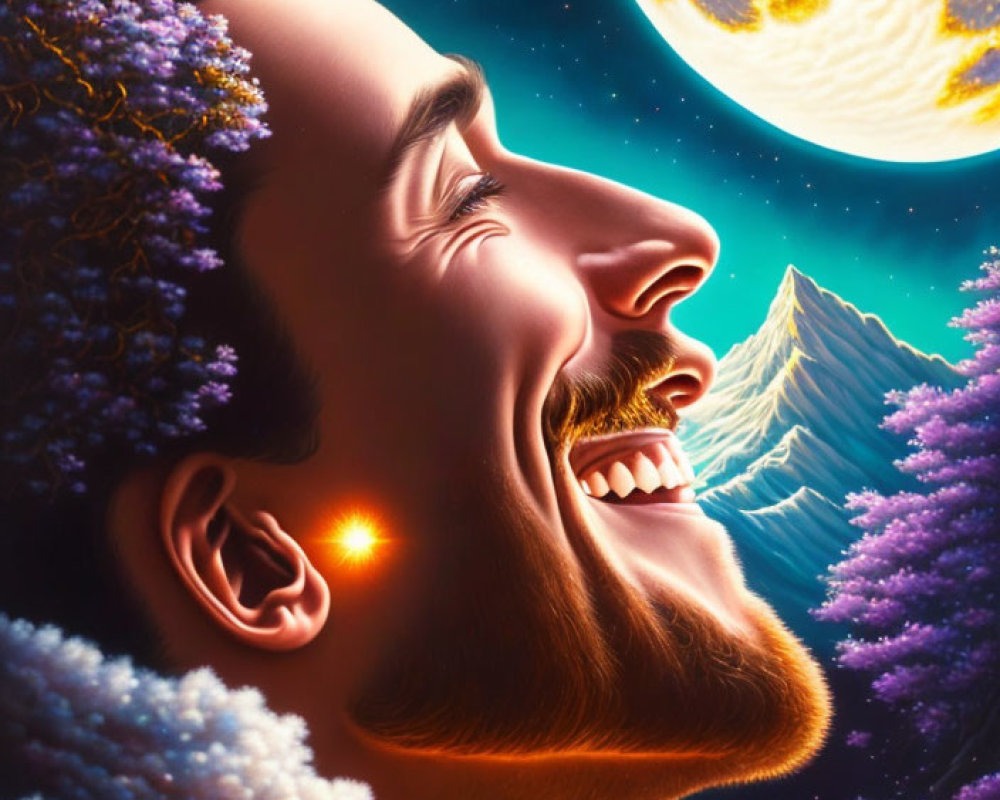 Smiling man portrait with nature and cosmos elements integrated