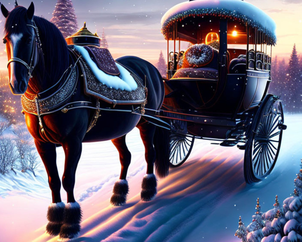 Festive horse-drawn carriage in snowy twilight scene