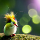 Fluffy yellow and green creature with expressive eyes on mossy surface