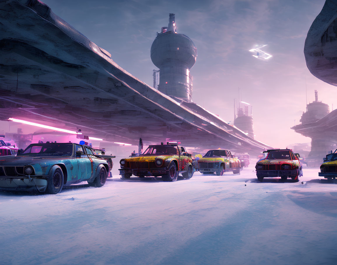 Futuristic vehicles with neon lights in snow-covered landscape