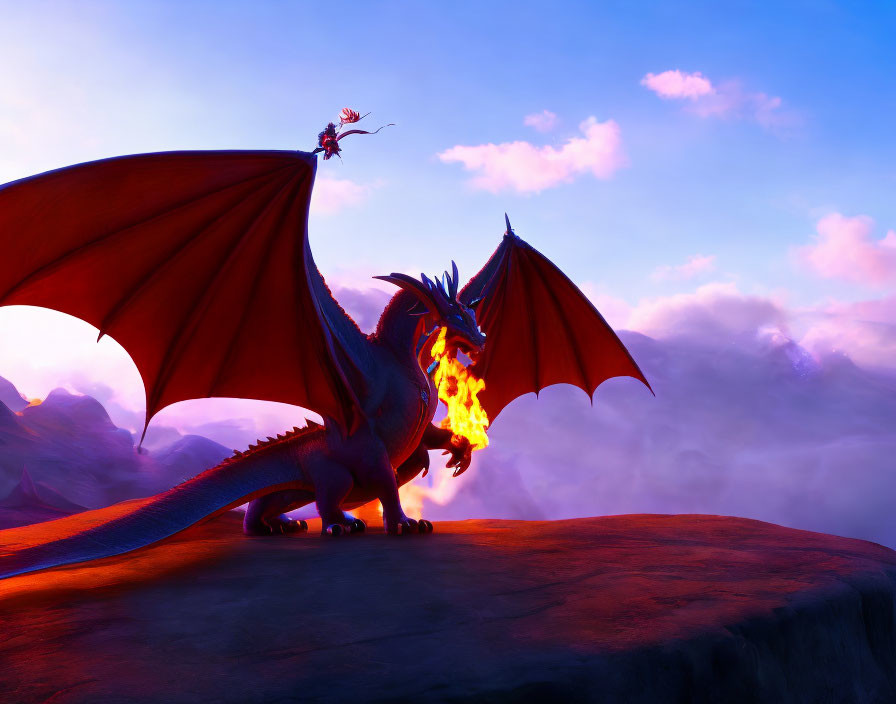 Red-winged dragon breathing fire with rider on cliff against dramatic sky.