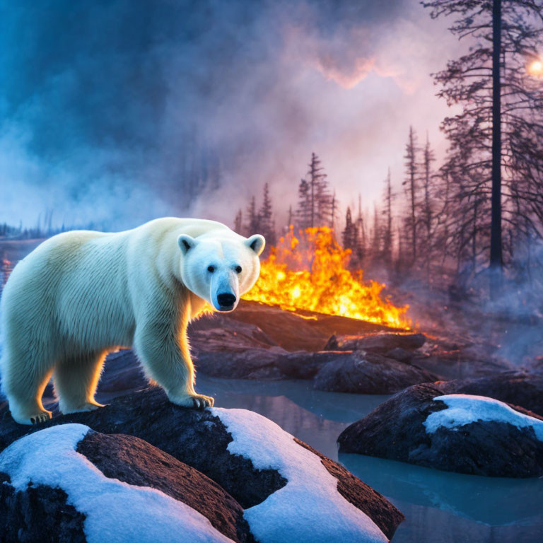 Polar bear on snowy rock with fiery forest backdrop