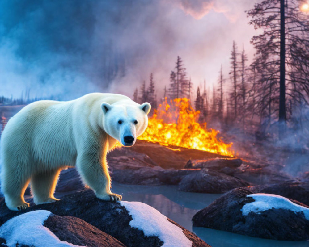 Polar bear on snowy rock with fiery forest backdrop